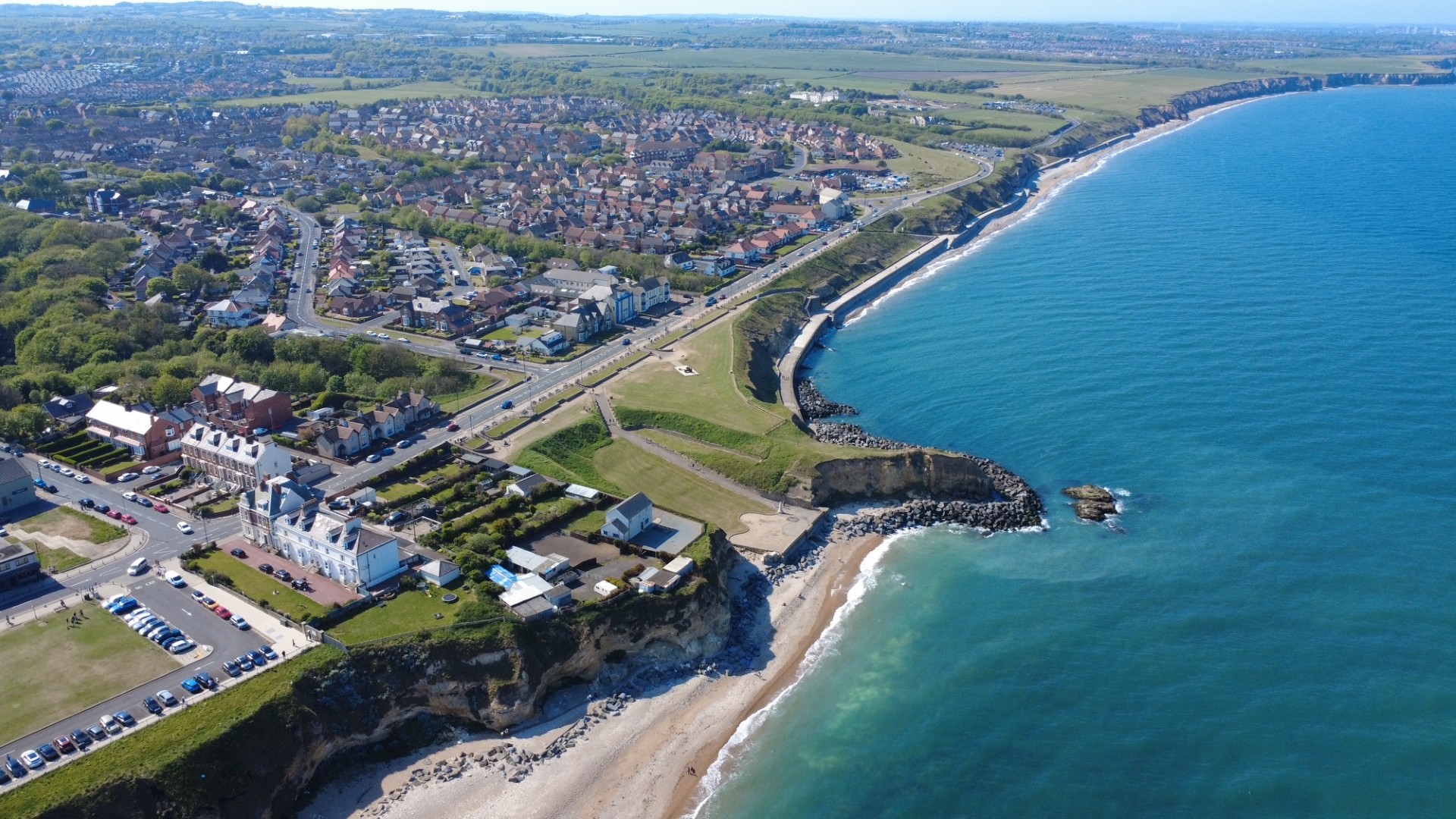 Aerial drone view of Seaham town and coastline